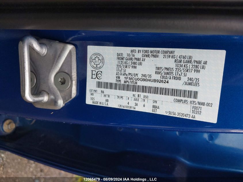 2017 Ford Escape VIN: 1FMCU0G90HUB92624 Lot: 12065479