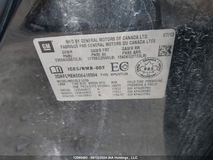 2013 GMC Terrain Sle VIN: 2GKFLREK6D6418094 Lot: 12065493