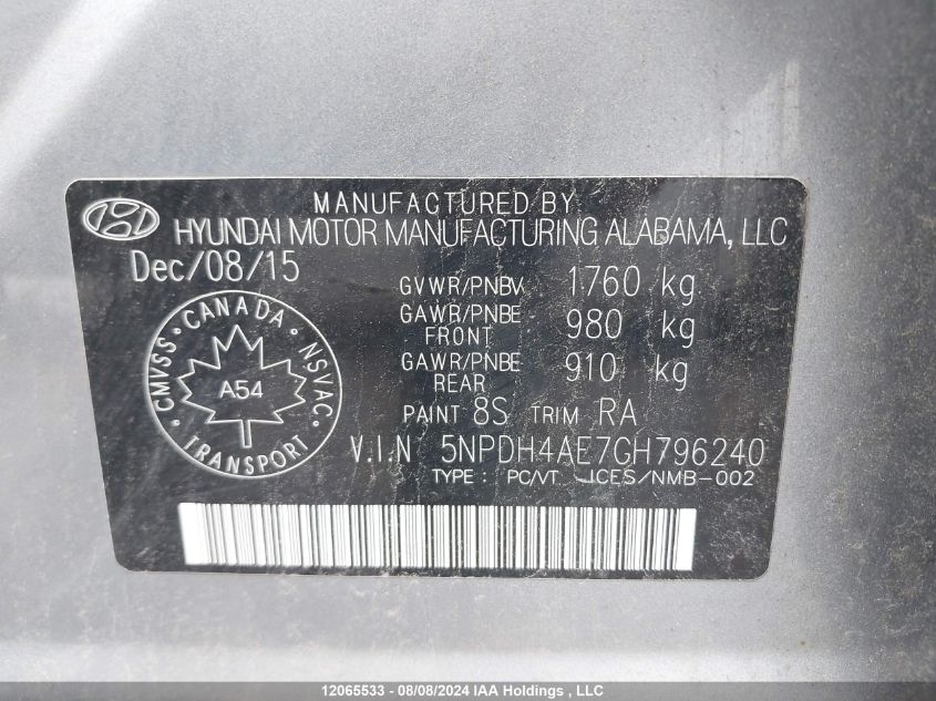 2016 Hyundai Elantra VIN: 5NPDH4AE7GH796240 Lot: 12065533