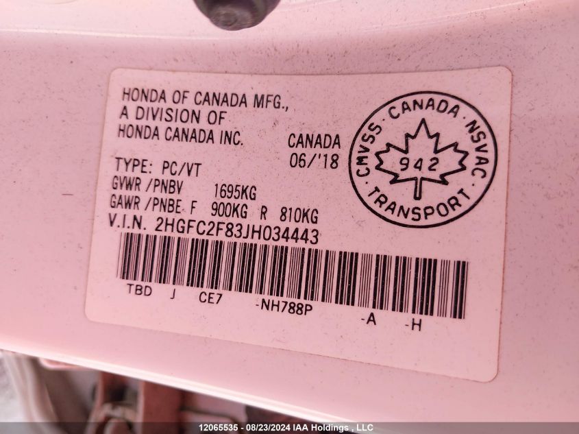 2018 Honda Civic Ex 4Dr VIN: 2HGFC2F83JH034443 Lot: 12065535