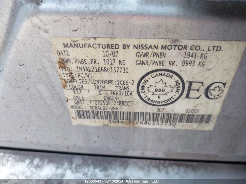 2008 Nissan Altima 2.5 S VIN: 1N4AL21E68C157730 Lot: 12065543