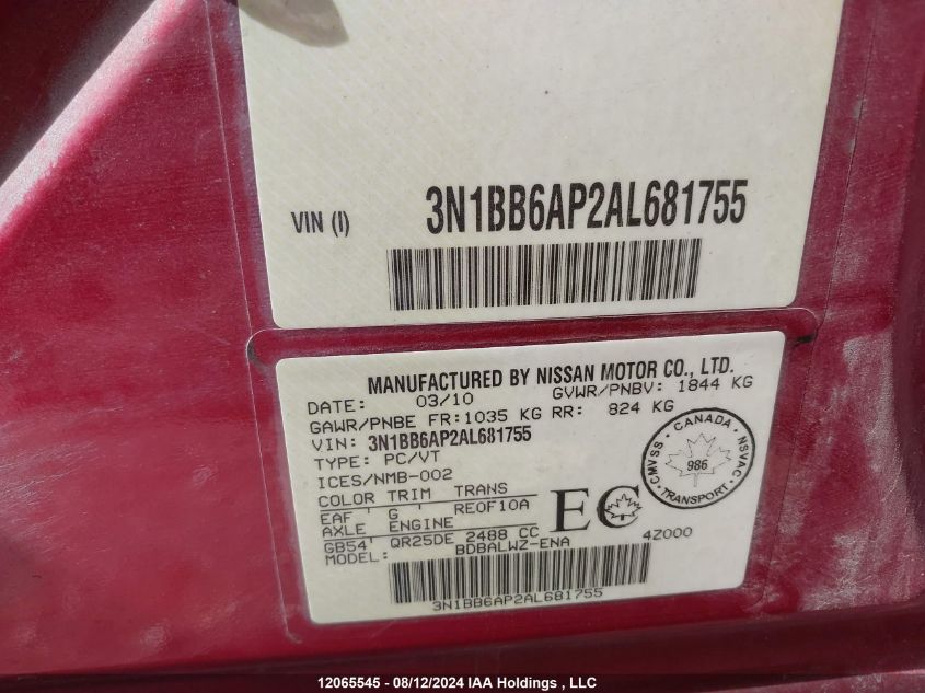 2010 Nissan Sentra Se-R VIN: 3N1BB6AP2AL681755 Lot: 12065545