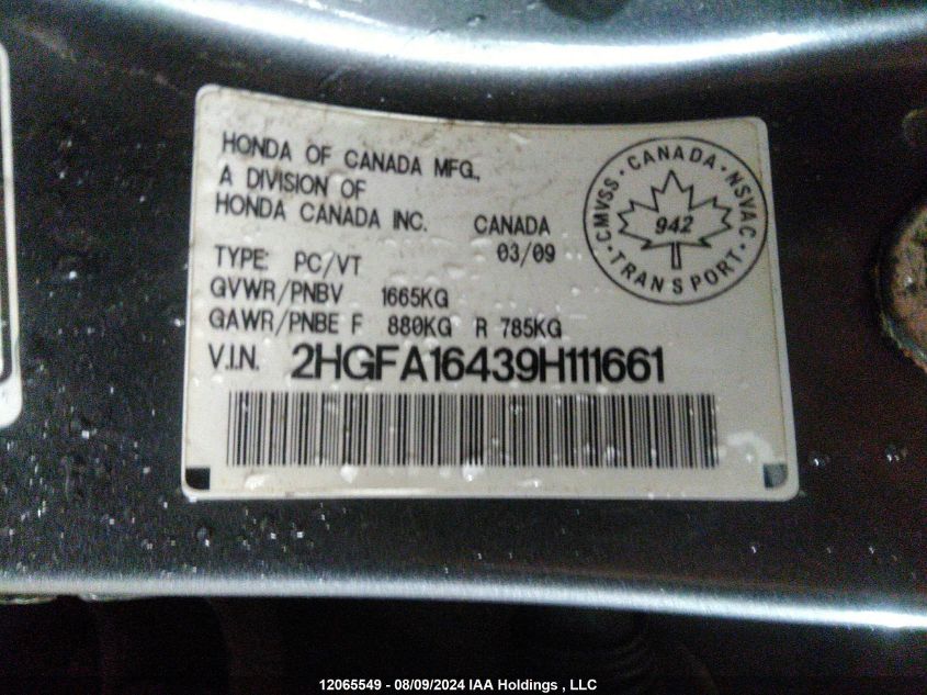 2009 Honda Civic VIN: 2HGFA16439H111661 Lot: 12065549