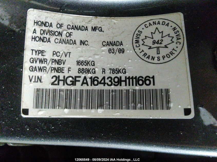 2009 Honda Civic VIN: 2HGFA16439H111661 Lot: 12065549