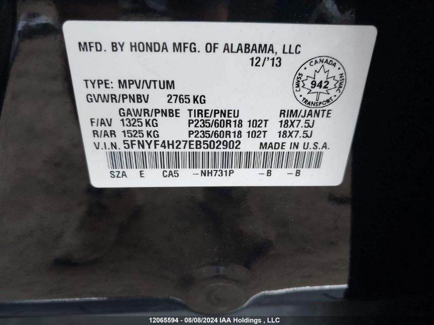 2014 Honda Pilot VIN: 5FNYF4H27EB502902 Lot: 12065594