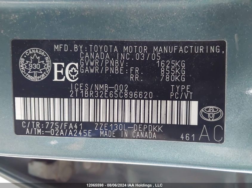 2005 Toyota Corolla Ce/Le/S VIN: 2T1BR32E65C896620 Lot: 12065598