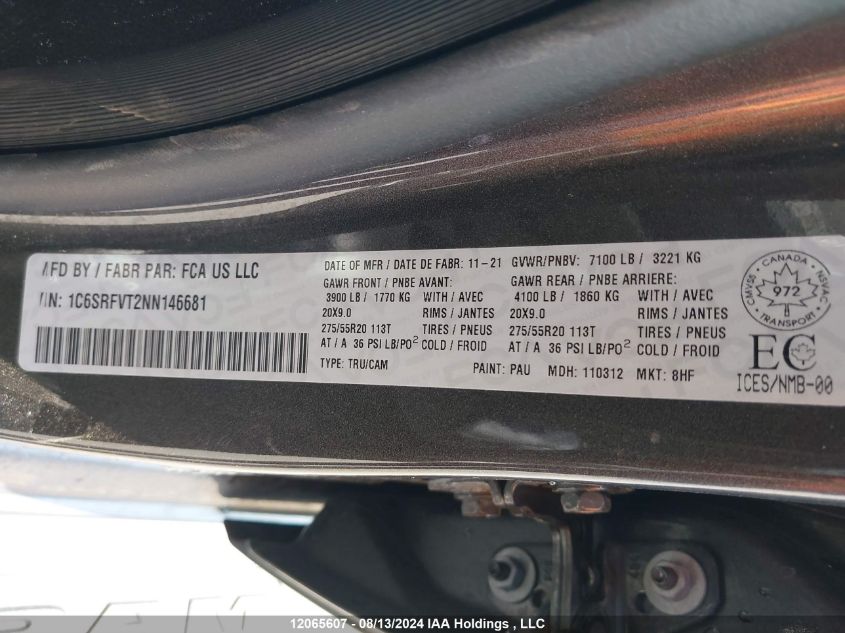 2022 Ram 1500 Sport VIN: 1C6SRFVT2NN146681 Lot: 12065607