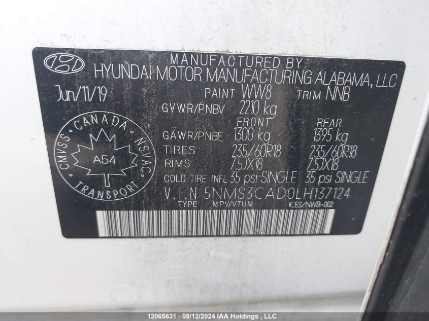 2020 Hyundai Santa Fe Preferred Awd VIN: 5NMS3CAD0LH137124 Lot: 12065631
