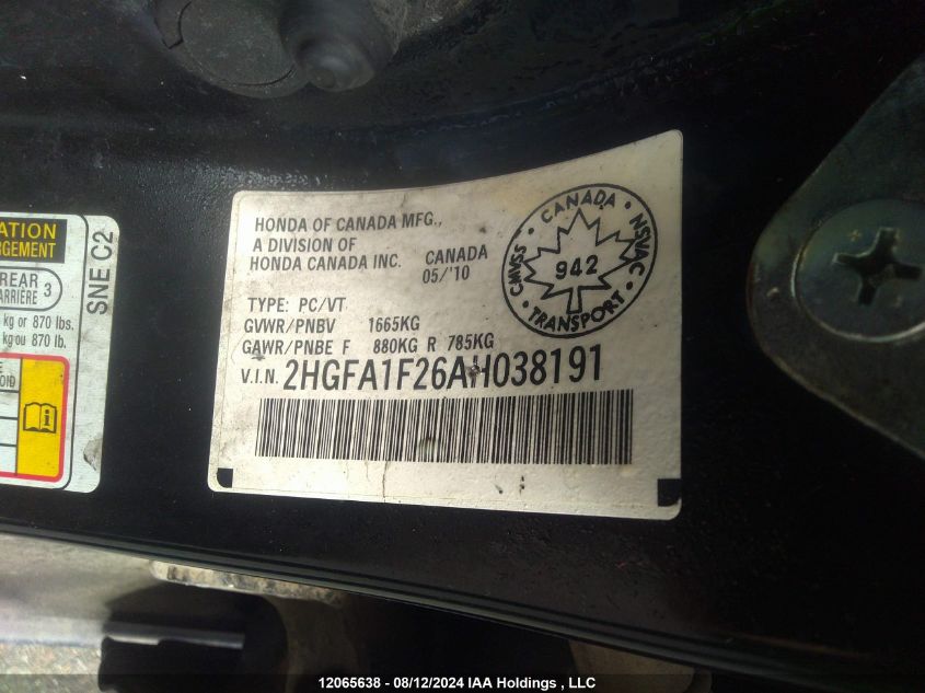 2HGFA1F26AH038191 2010 Honda Civic Dx