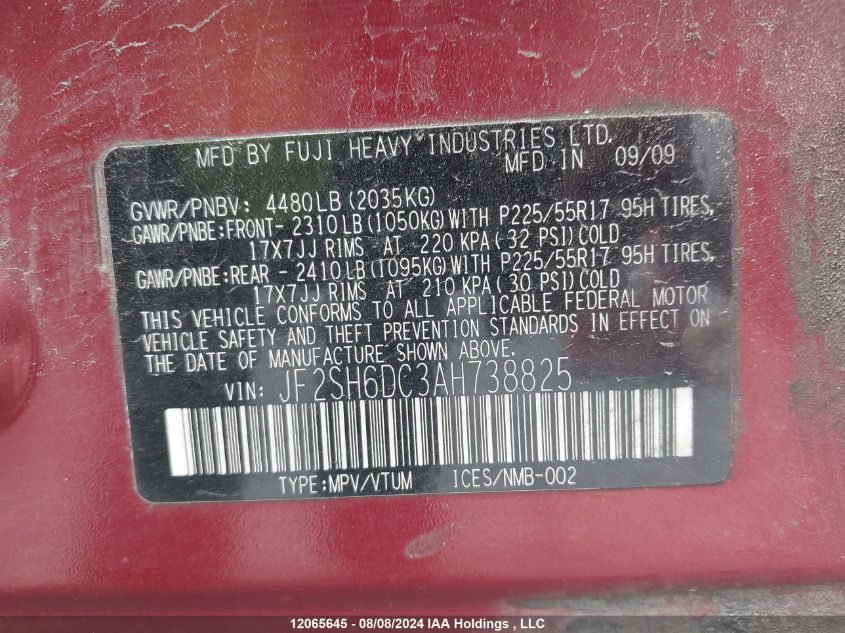 2010 Subaru Forester VIN: JF2SH6DC3AH738825 Lot: 12065645