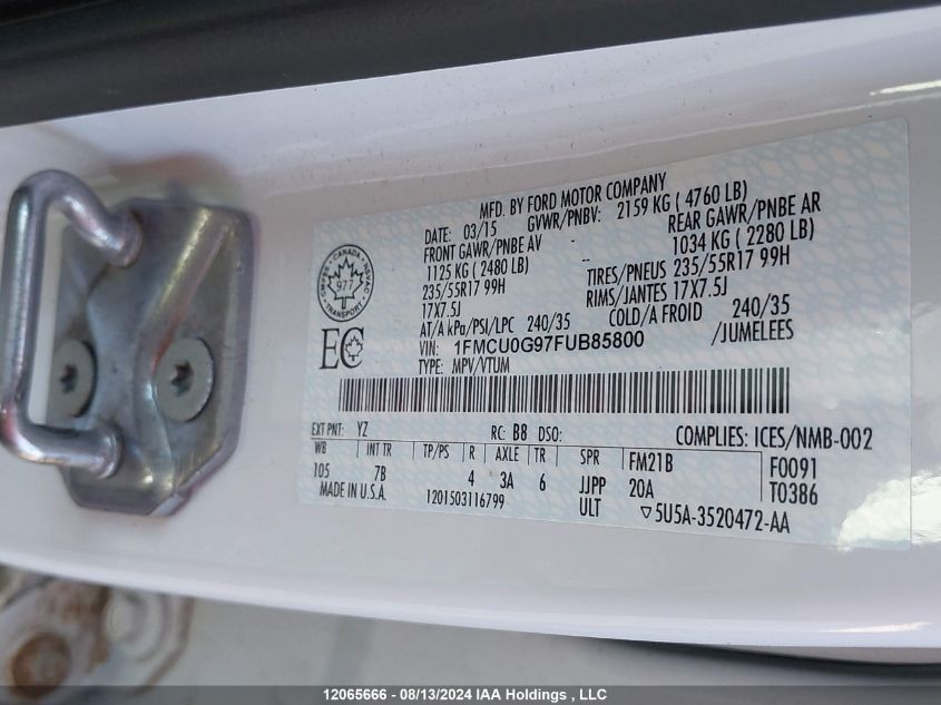 2015 Ford Escape Se VIN: 1FMCU0G97FUB85800 Lot: 12065666