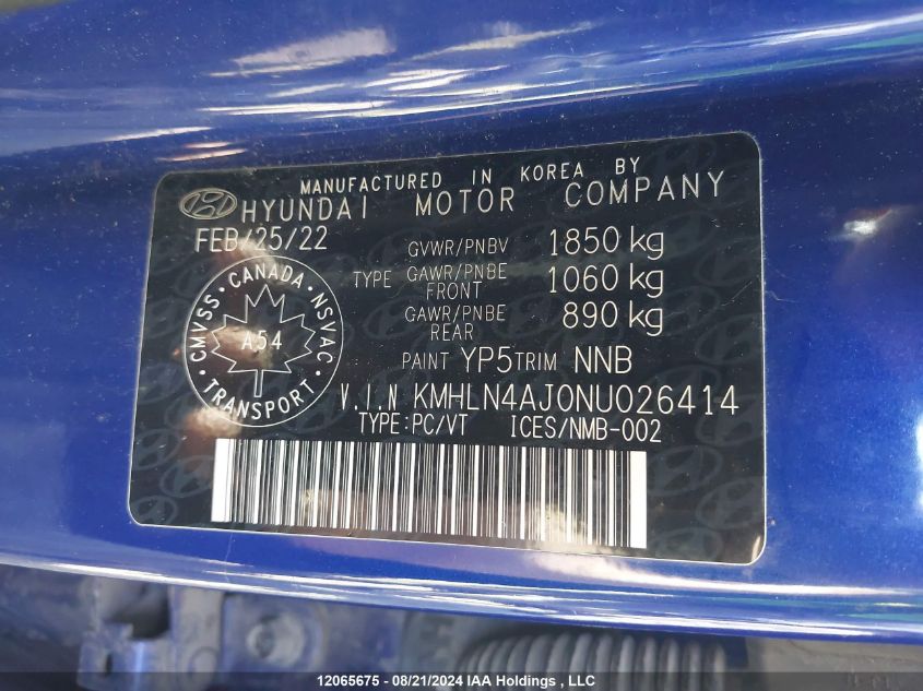 2022 Hyundai Elantra Hybrid Ultimate VIN: KMHLN4AJ0NU026414 Lot: 12065675