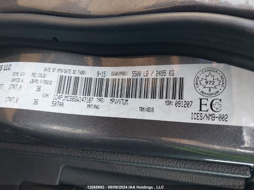 2016 Jeep Cherokee Latitude VIN: 1C4PJMCS8GW147187 Lot: 12065692