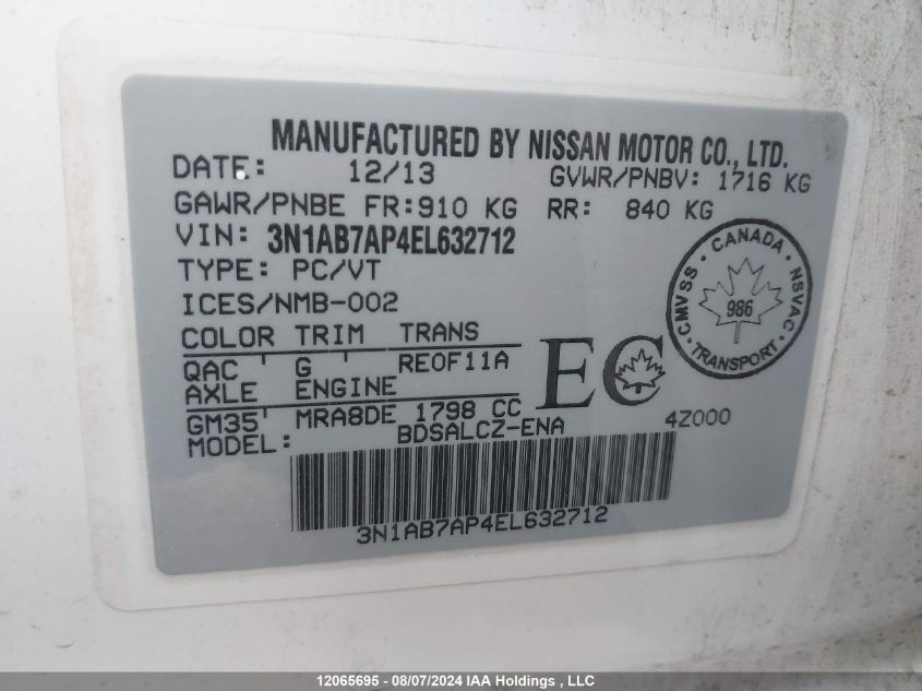 2014 Nissan Sentra S/Sv/Sr/Sl VIN: 3N1AB7AP4EL632712 Lot: 12065695