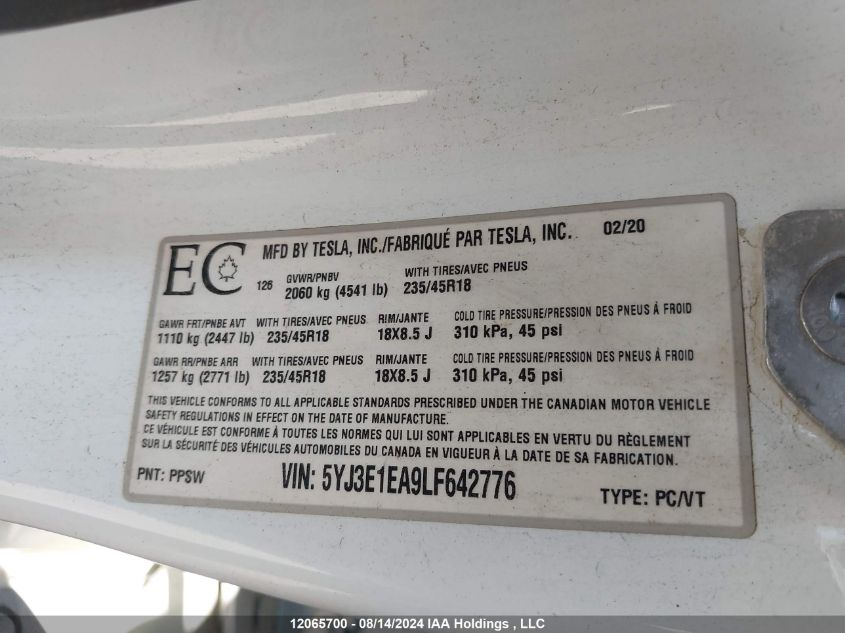 2020 Tesla Model 3 VIN: 5YJ3E1EA9LF642776 Lot: 12065700