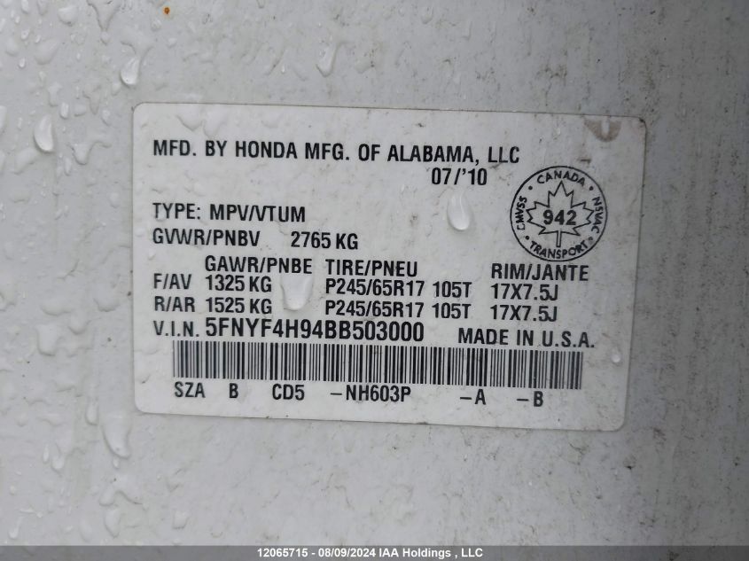 2011 Honda Pilot VIN: 5FNYF4H94BB503000 Lot: 12065715