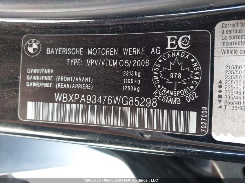 2006 BMW X3 VIN: WBXPA93476WG85298 Lot: 12065753