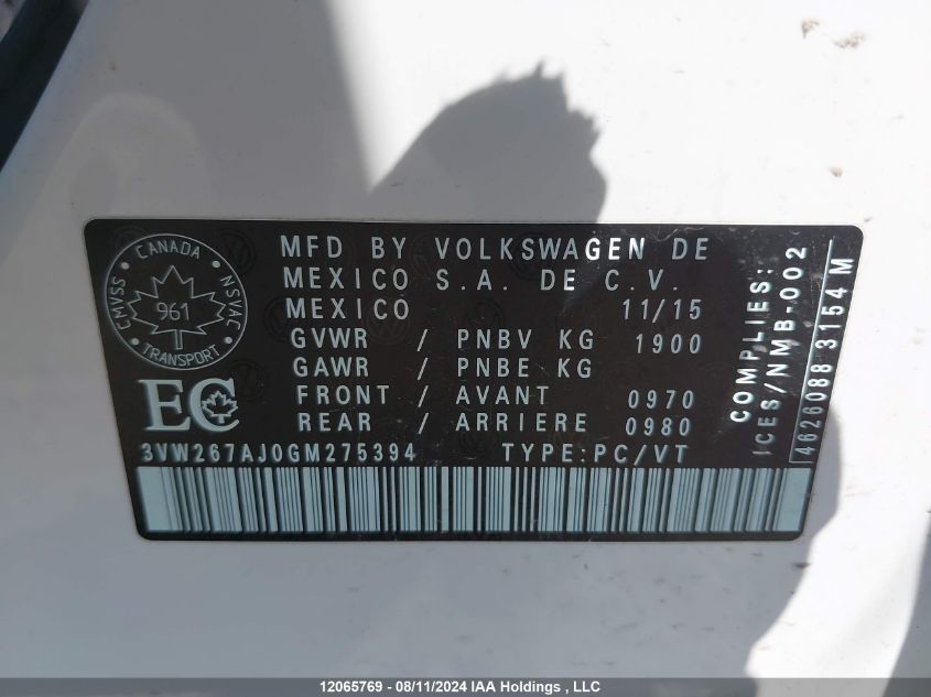 2016 Volkswagen Jetta VIN: 3VW267AJ0GM275394 Lot: 12065769