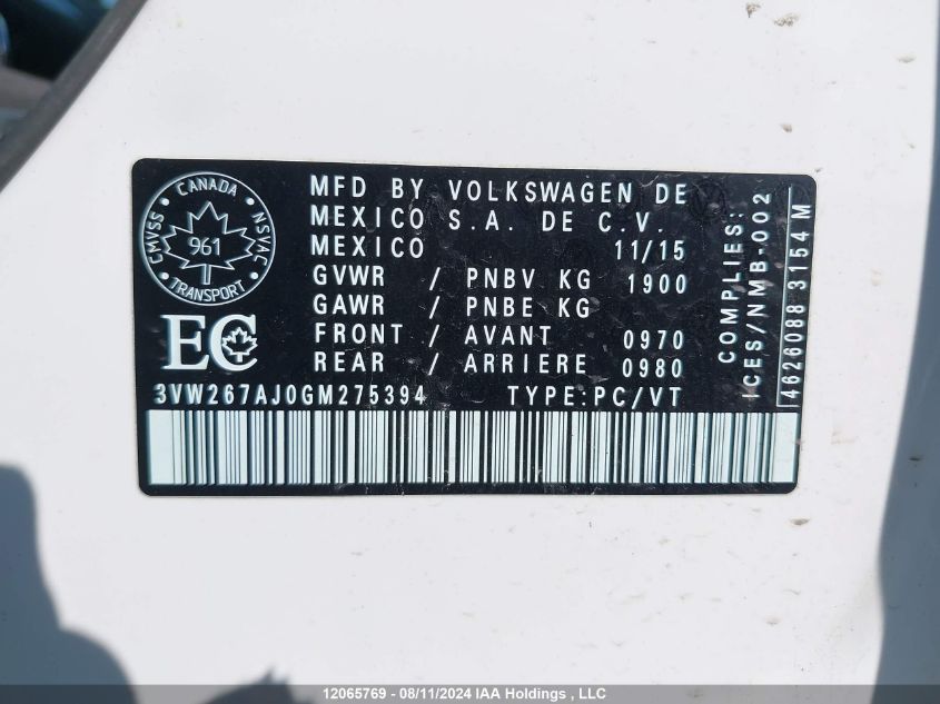 2016 Volkswagen Jetta VIN: 3VW267AJ0GM275394 Lot: 12065769