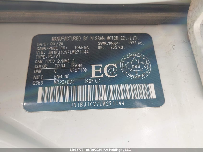 2020 Nissan Rogue Sport S/Sv/Sl VIN: JN1BJ1CV7LW271144 Lot: 12065773