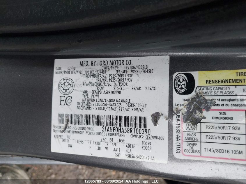 2011 Ford Fusion Se VIN: 3FAHP0HA5BR100390 Lot: 12065783