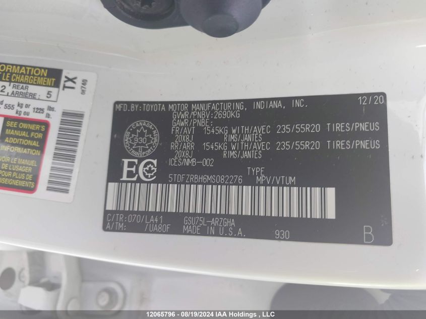 2021 Toyota Highlander Platinum VIN: 5TDFZRBH6MS082276 Lot: 12065796