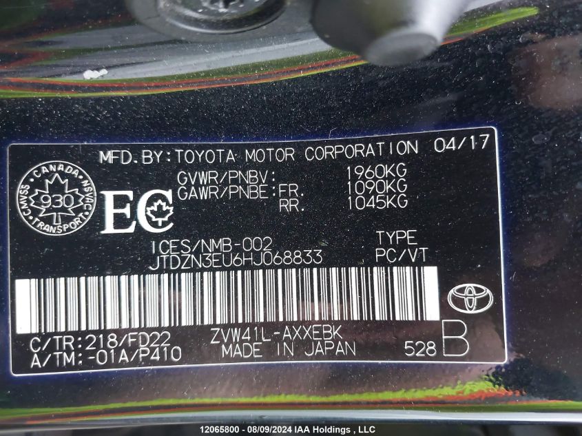 2017 Toyota Prius VIN: JTDZN3EU6HJ068833 Lot: 12065800