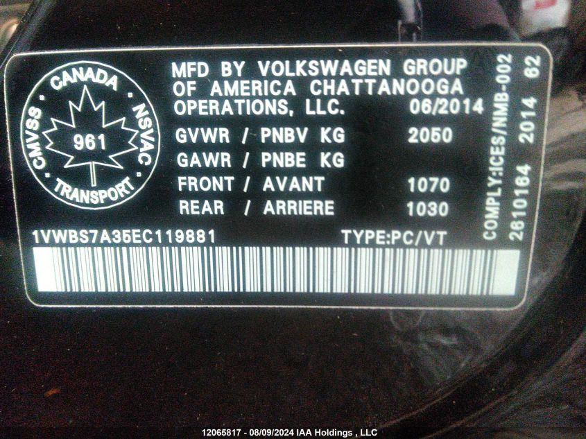 2014 Volkswagen Passat Se VIN: 1VWBS7A35EC119881 Lot: 12065817