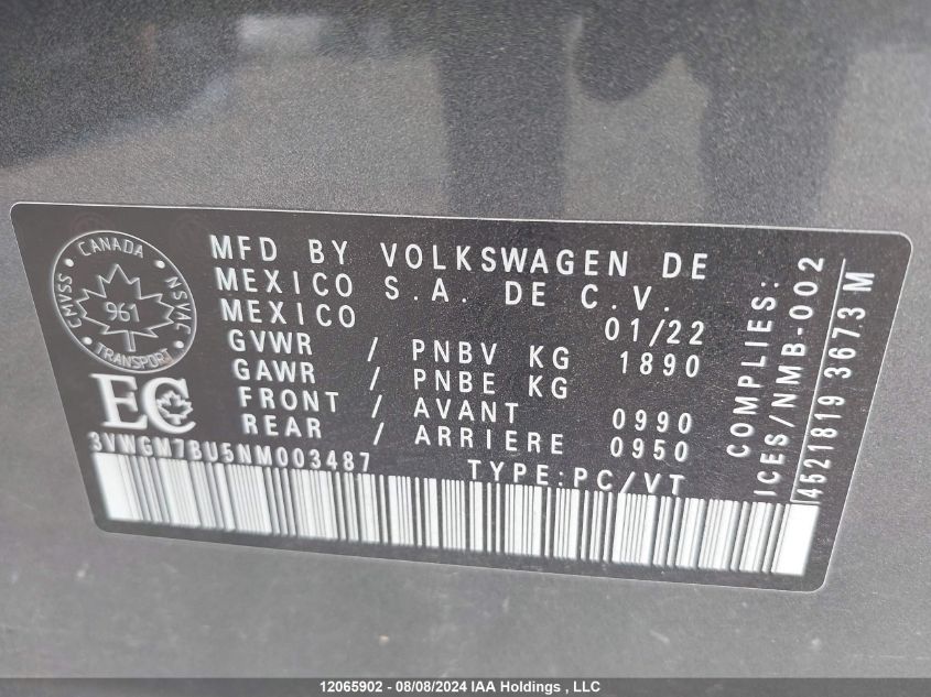 2022 Volkswagen Jetta VIN: 3VWGM7BU5NM003487 Lot: 12065902