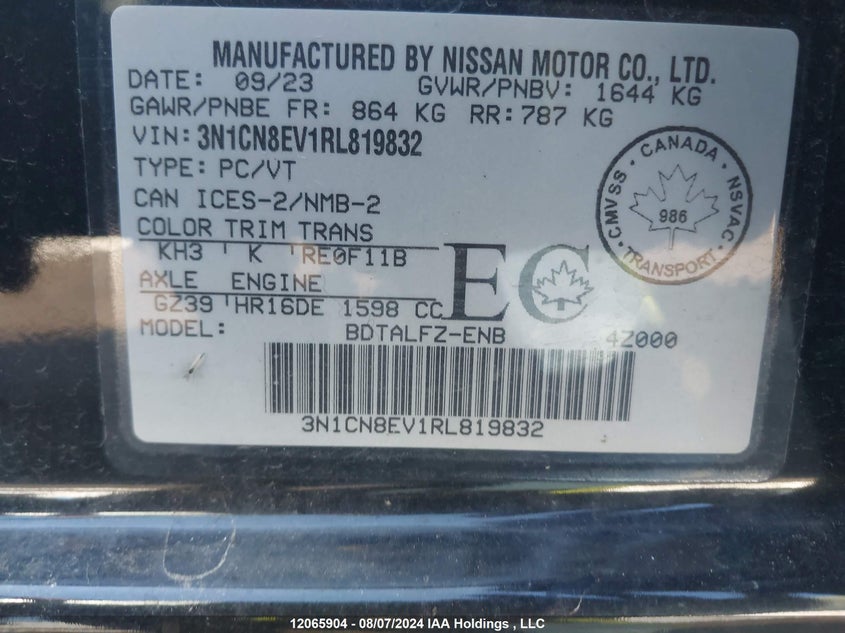 2024 Nissan Versa Sv VIN: 3N1CN8EV1RL819832 Lot: 12065904