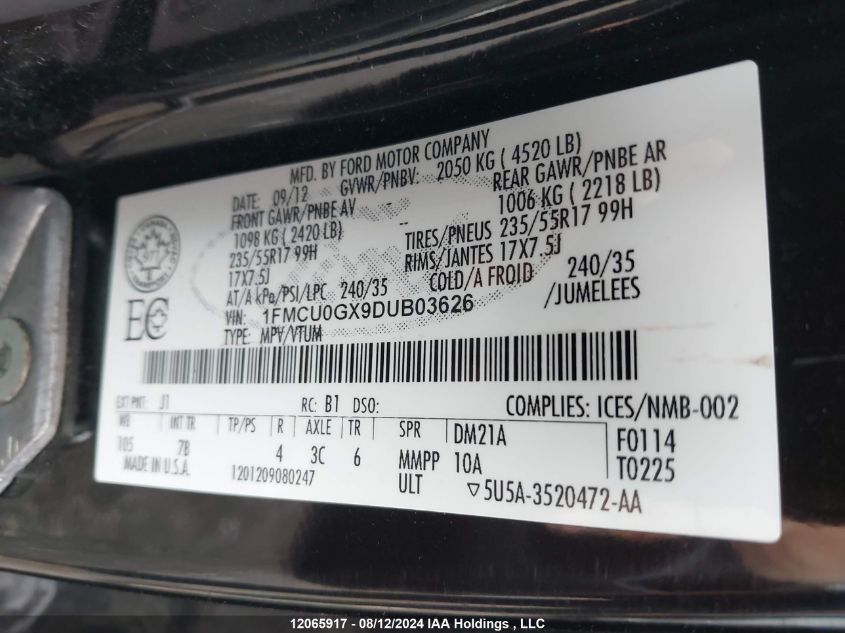 2013 Ford Escape VIN: 1FMCU0GX9DUB03626 Lot: 12065917