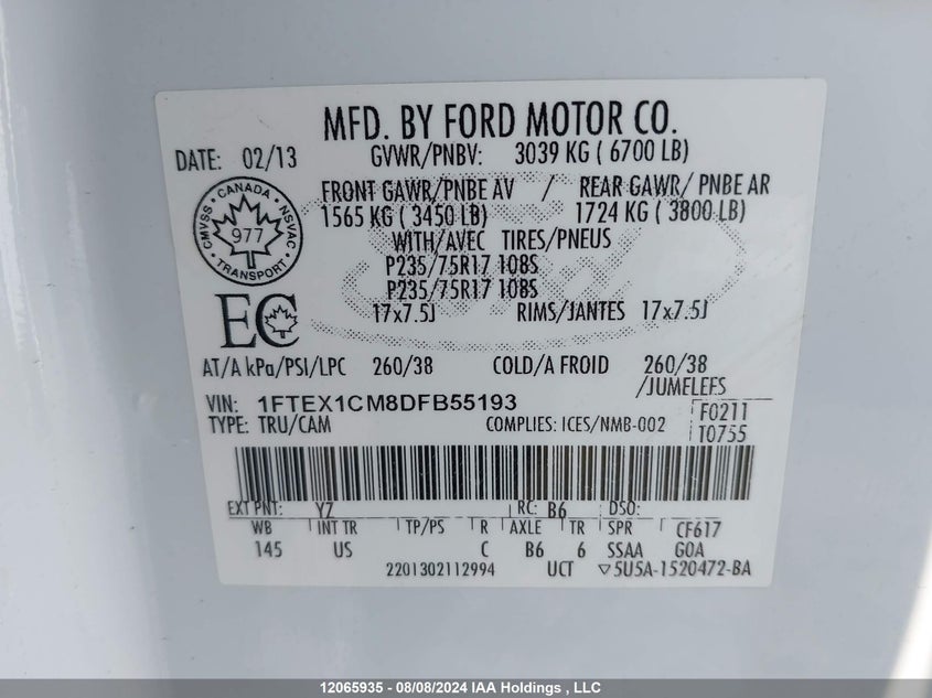 2013 Ford F-150 Xlt VIN: 1FTEX1CM8DFB55193 Lot: 12065935