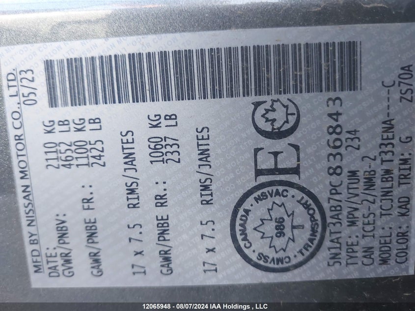 2023 Nissan Rogue S VIN: 5N1AT3AB7PC836843 Lot: 12065948