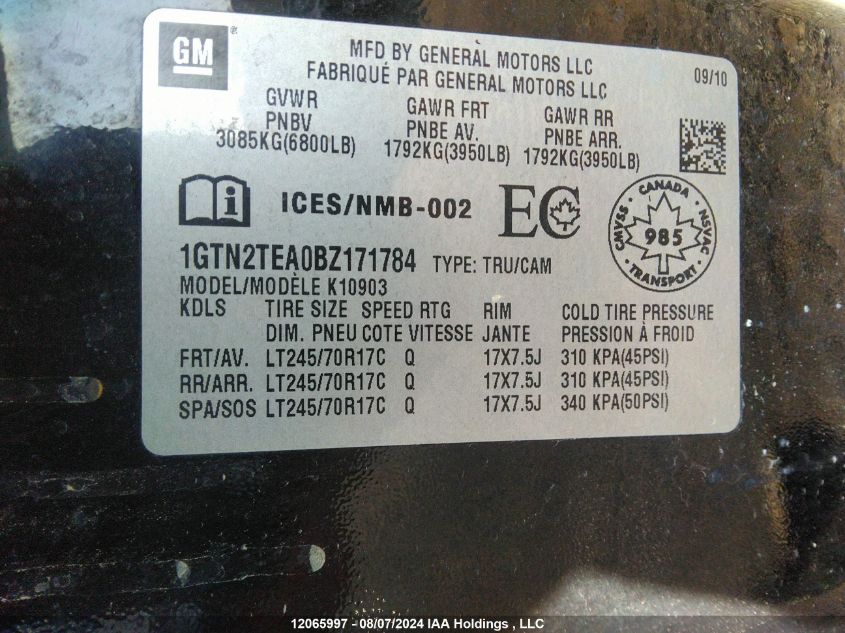 2011 GMC Sierra K1500 VIN: 1GTN2TEA0BZ171784 Lot: 12065997