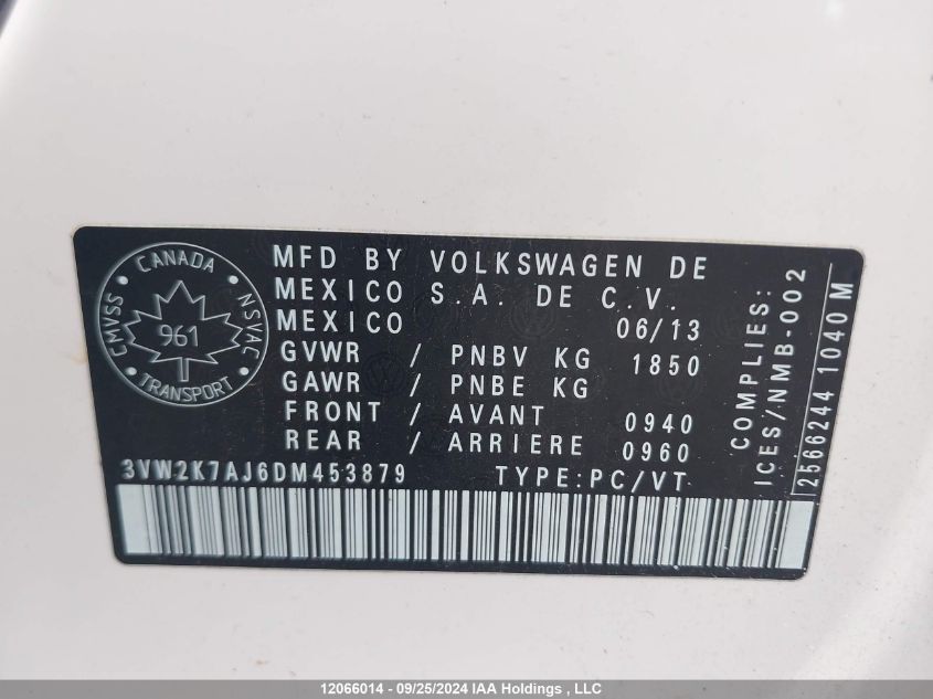 2013 Volkswagen Jetta VIN: 3VW2K7AJ6DM453879 Lot: 12066014