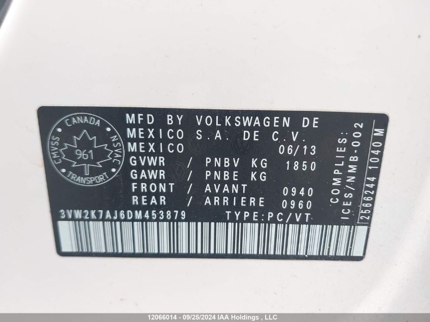 2013 Volkswagen Jetta VIN: 3VW2K7AJ6DM453879 Lot: 12066014