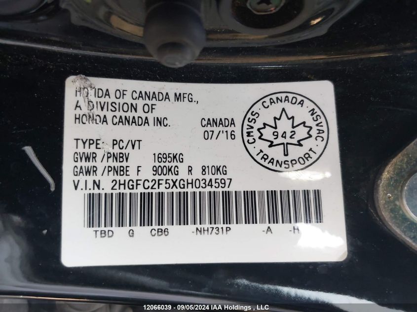 2HGFC2F5XGH034597 2016 Honda Civic Lx