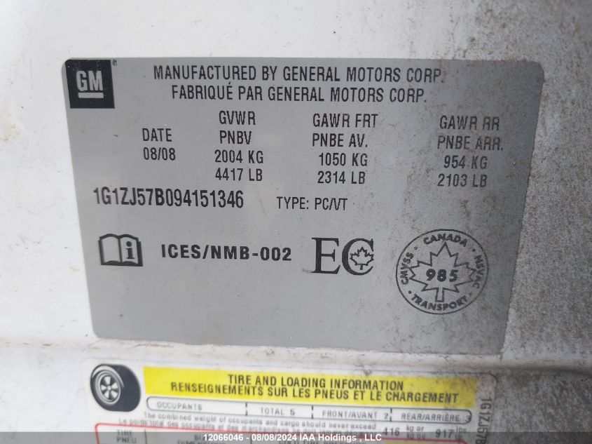 2009 Chevrolet Malibu VIN: 1G1ZJ57B094151346 Lot: 12066046