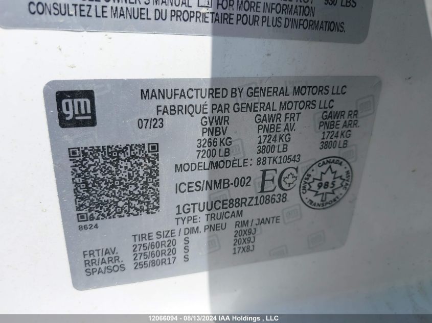 2024 GMC Sierra 1500 VIN: 1GTUUCE88RZ108638 Lot: 12066094