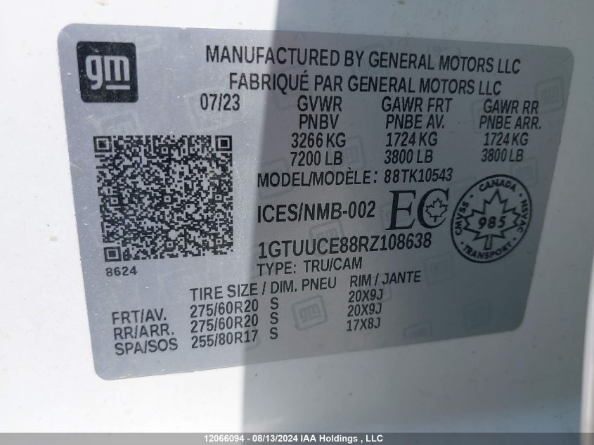 2024 GMC Sierra 1500 VIN: 1GTUUCE88RZ108638 Lot: 12066094
