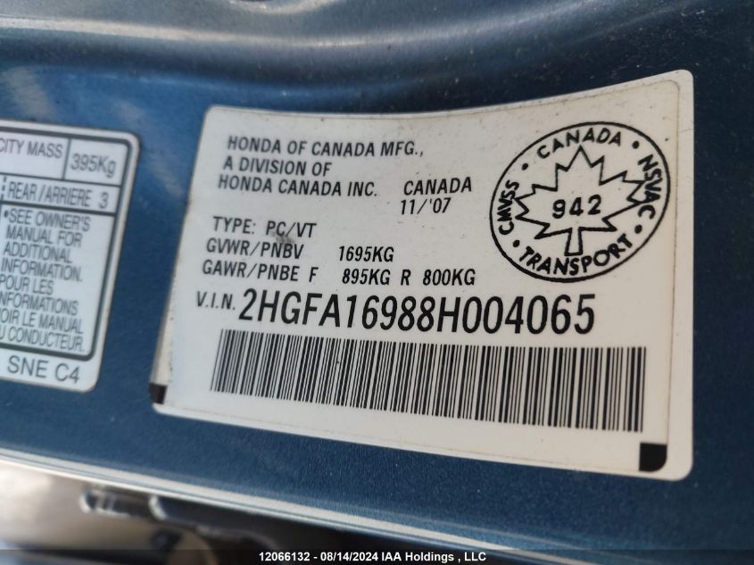 2008 Honda Civic Sdn VIN: 2HGFA16988H004065 Lot: 12066132