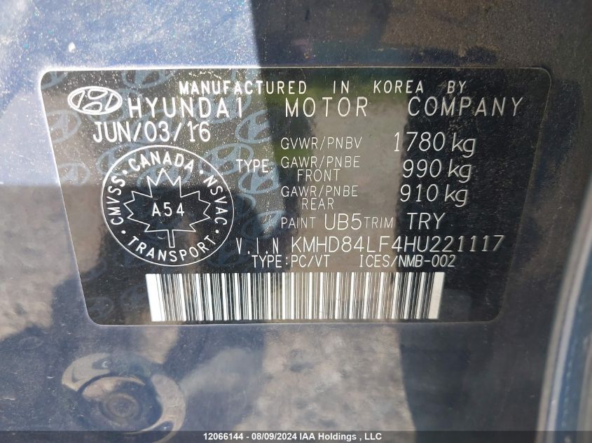 2017 Hyundai Elantra Limited VIN: KMHD84LF4HU221117 Lot: 12066144