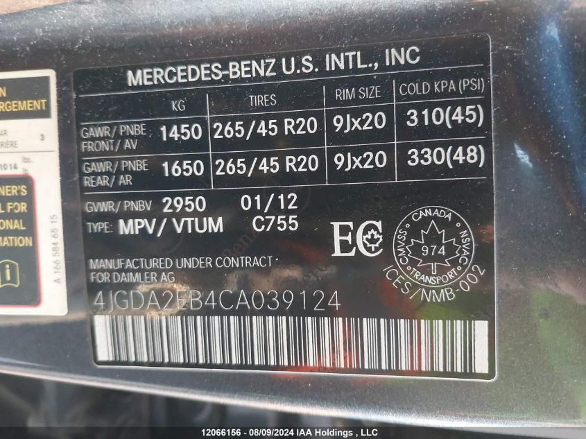 2012 Mercedes-Benz Ml350 Bluetec VIN: 4JGDA2EB4CA039124 Lot: 12066156