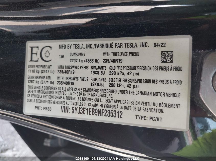 2022 Tesla Model 3 VIN: 5YJ3E1EB9NF235312 Lot: 12066160