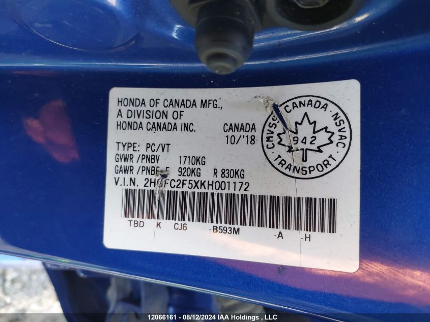 2019 Honda Civic Sedan VIN: 2HGFC2F5XKH001172 Lot: 12066161