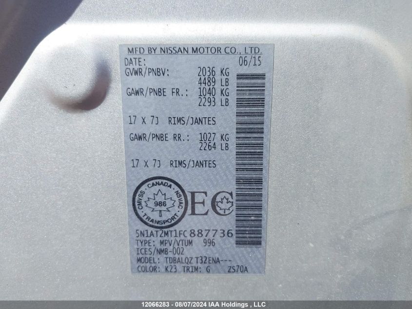 2015 Nissan Rogue VIN: 5N1AT2MT1FC887736 Lot: 12066283