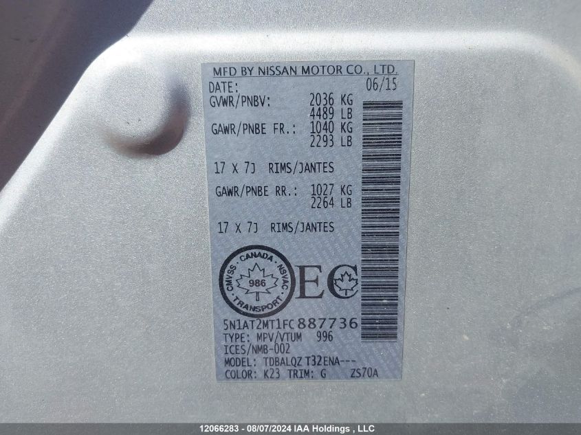 2015 Nissan Rogue VIN: 5N1AT2MT1FC887736 Lot: 12066283