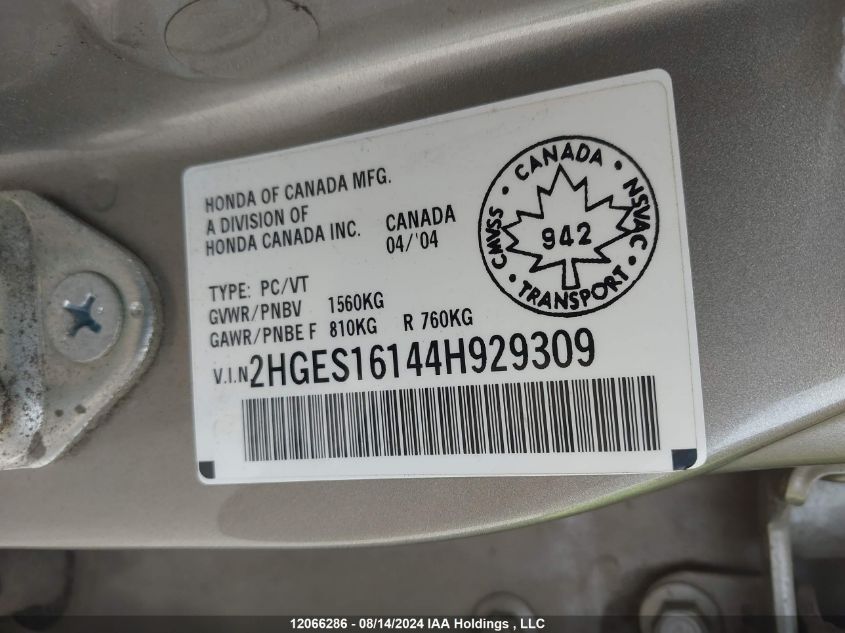 2004 Honda Civic Sdn VIN: 2HGES16144H929309 Lot: 12066286