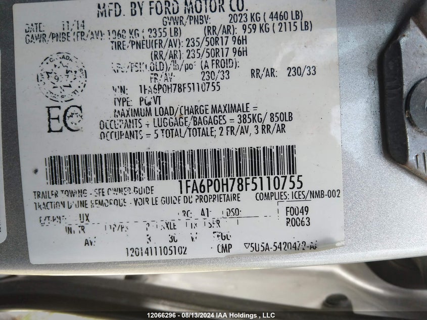 2015 Ford Fusion Se VIN: 1FA6P0H78F5110755 Lot: 12066296