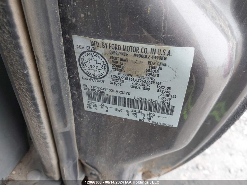 2002 Ford Super Duty F-350 Srw VIN: 1FTSX31F52EA23370 Lot: 12066306